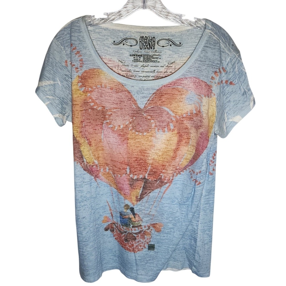Masha Dyans Heart Hot Air Balloon Watercolor Graphic Tee Blue XL Scoop Neck